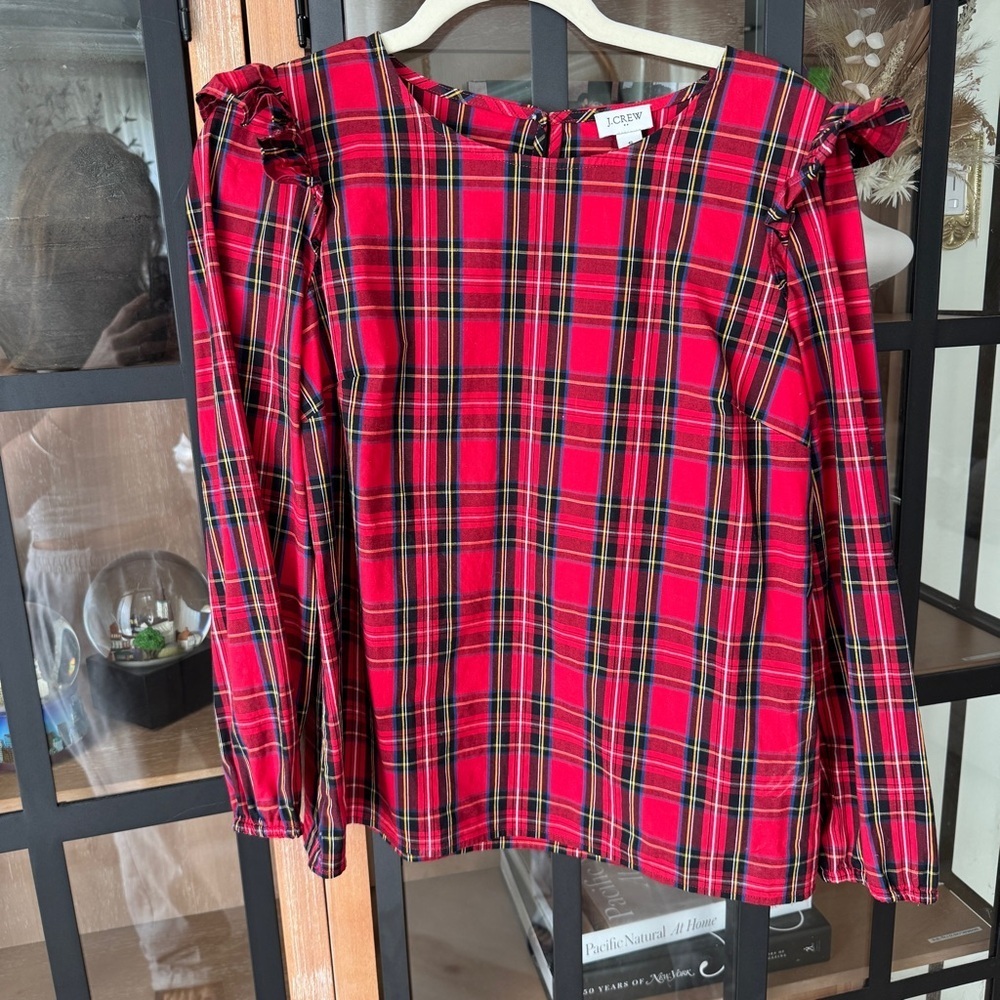 J. Crew Tartan Plaid Ruffle top long sleeve Shirt Woven Blouse Christmas cotton
